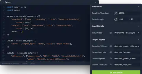 The Nexus Python editor beside the parameter form generated from the script